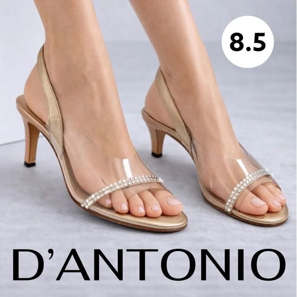 D'Antonio Women's Rhinestone Clear Slip-On Slingback Heels Tan White Size 8.5